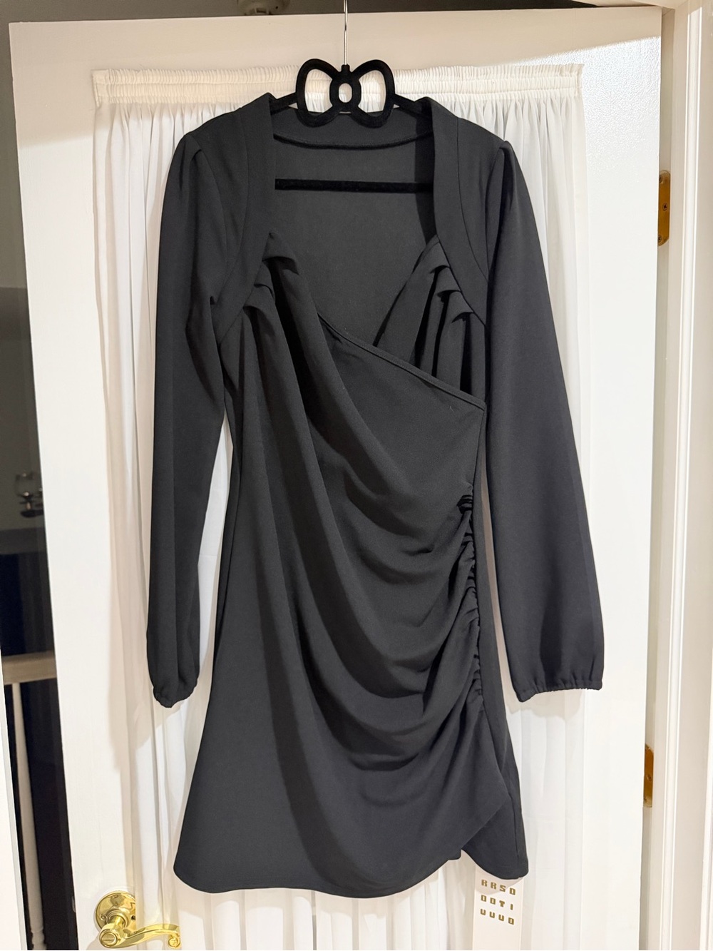Ras Black Long-Sleeve Ruched Wrap Dress
